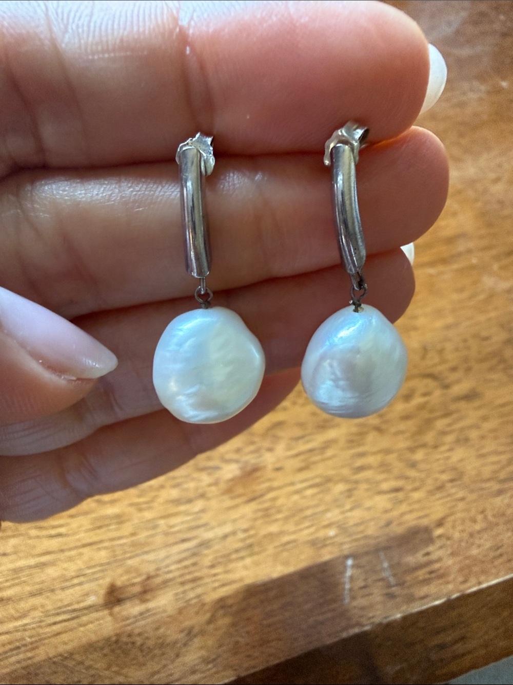 Source Unknown Sterling Silver Drop Earrings with White Baroque Pearls